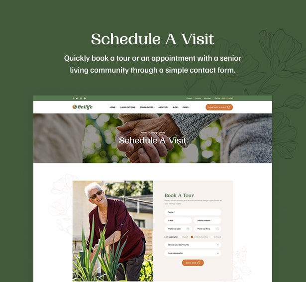Onilife - Senior Living WordPress Theme - Kontaktformular Planen Sie einen Besuch