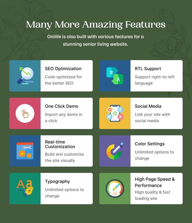 Onilife - Senior Living WordPress Theme Erstaunliche Funktionen