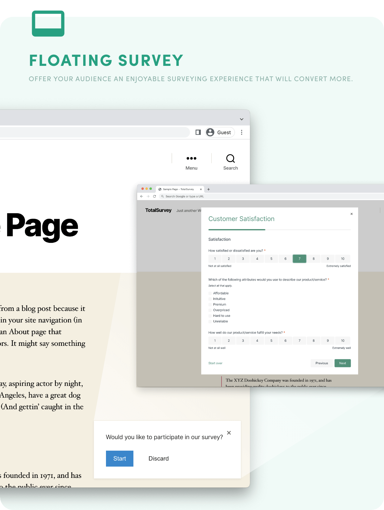 Floating-Umfrage – Bieten Sie Ihrem Publikum ein angenehmes Umfrageerlebnis, das zu mehr Conversions führt.
