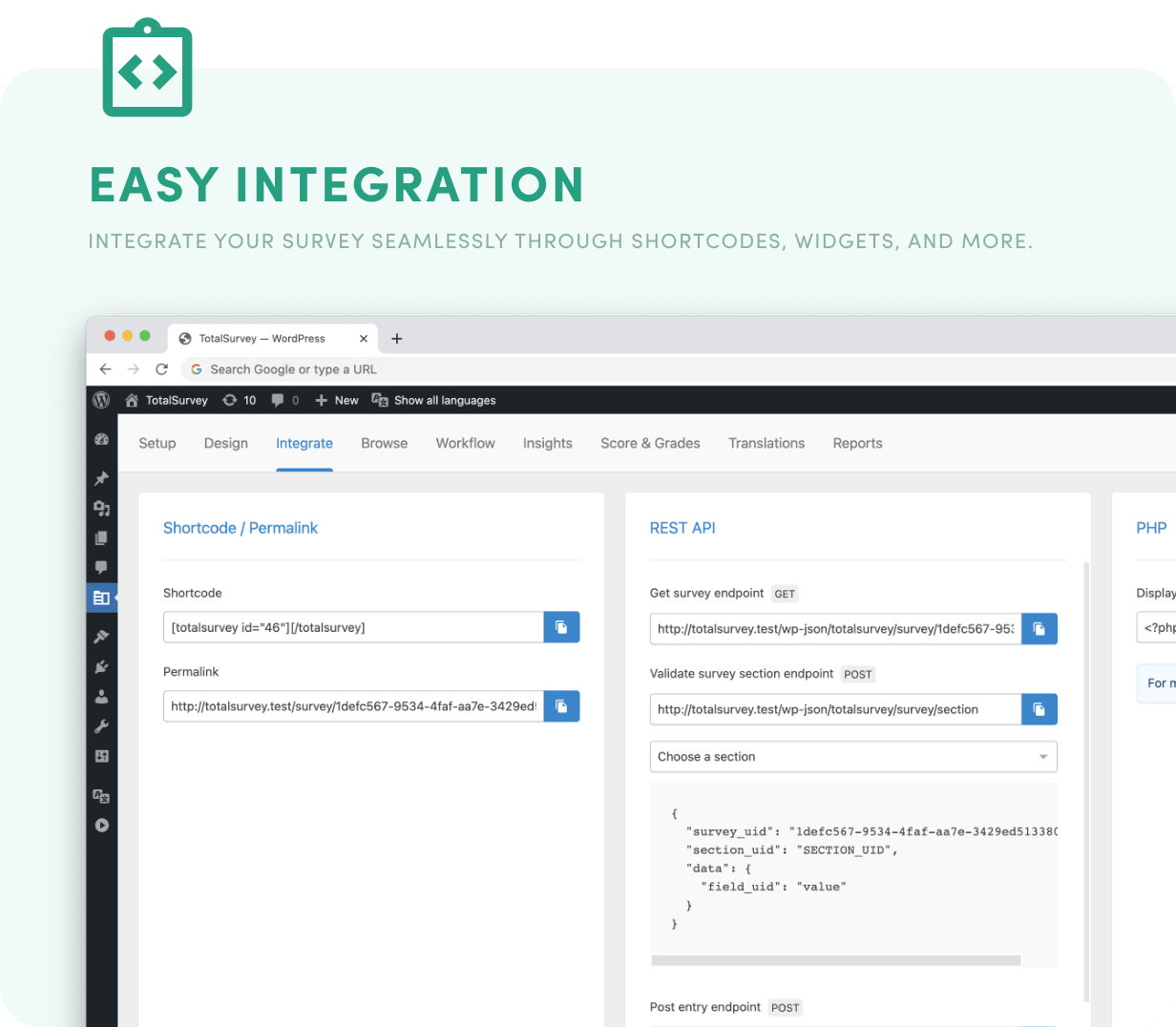 Einfache Integration – Integrieren Sie Ihre Umfrage nahtlos über Shortcodes, Widgets und mehr.