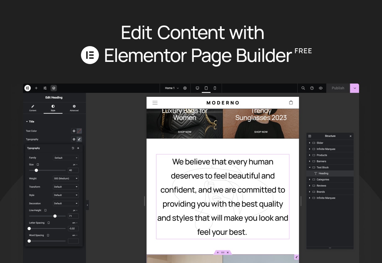 Moderno – Bearbeiten Sie Inhalte mit Elementor Page Builder
