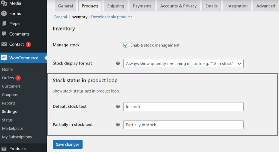 alt WooCommerce-Bestandsstatus in den Product Loop-Plugin-Einstellungen – globale Ebene