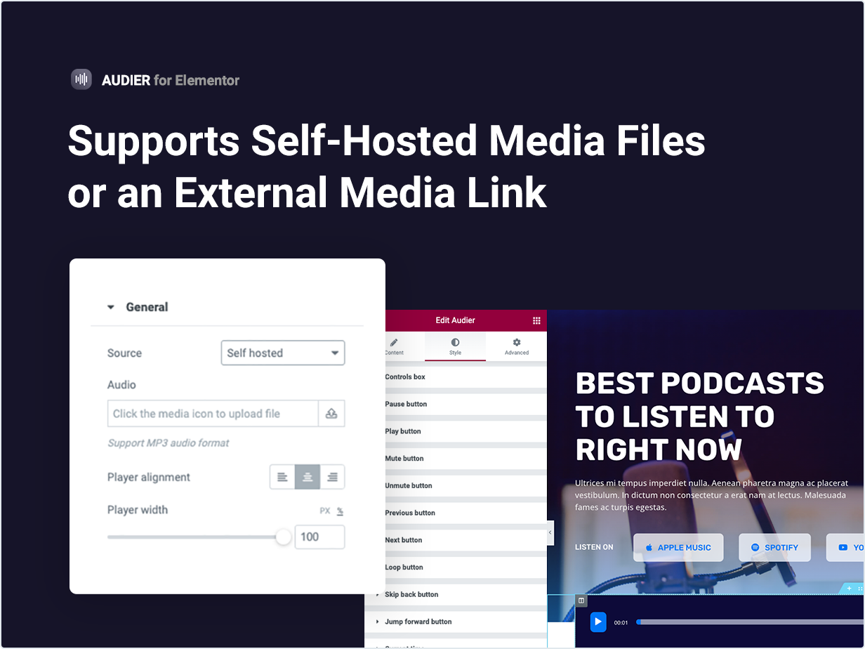 Unterstützt selbst gehostete Mediendateien oder einen externen Medienlink