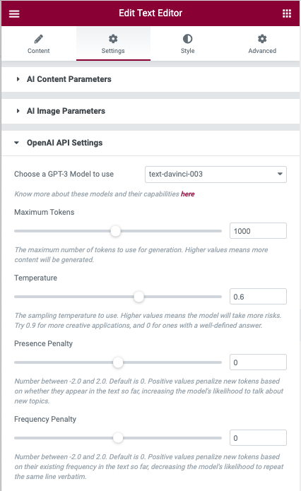 Texteditor-Add-on von Elementor OpenAI Settings