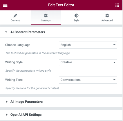 AI Assistant Elementor-Inhaltsparameter