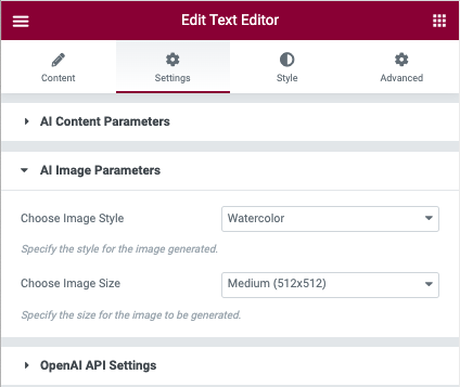 AI Assistant Elementor-Bilderzeugungsparameter