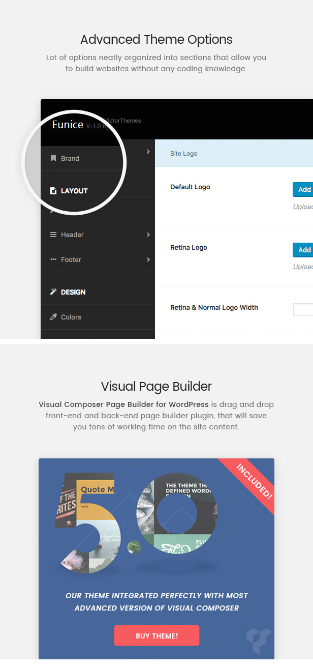 Eunice Theme-Optionen und Visual Composer