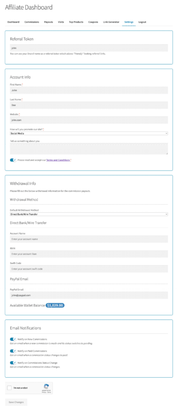 WooCommerce Advanced CAPTCHA plugin affiliate settings form