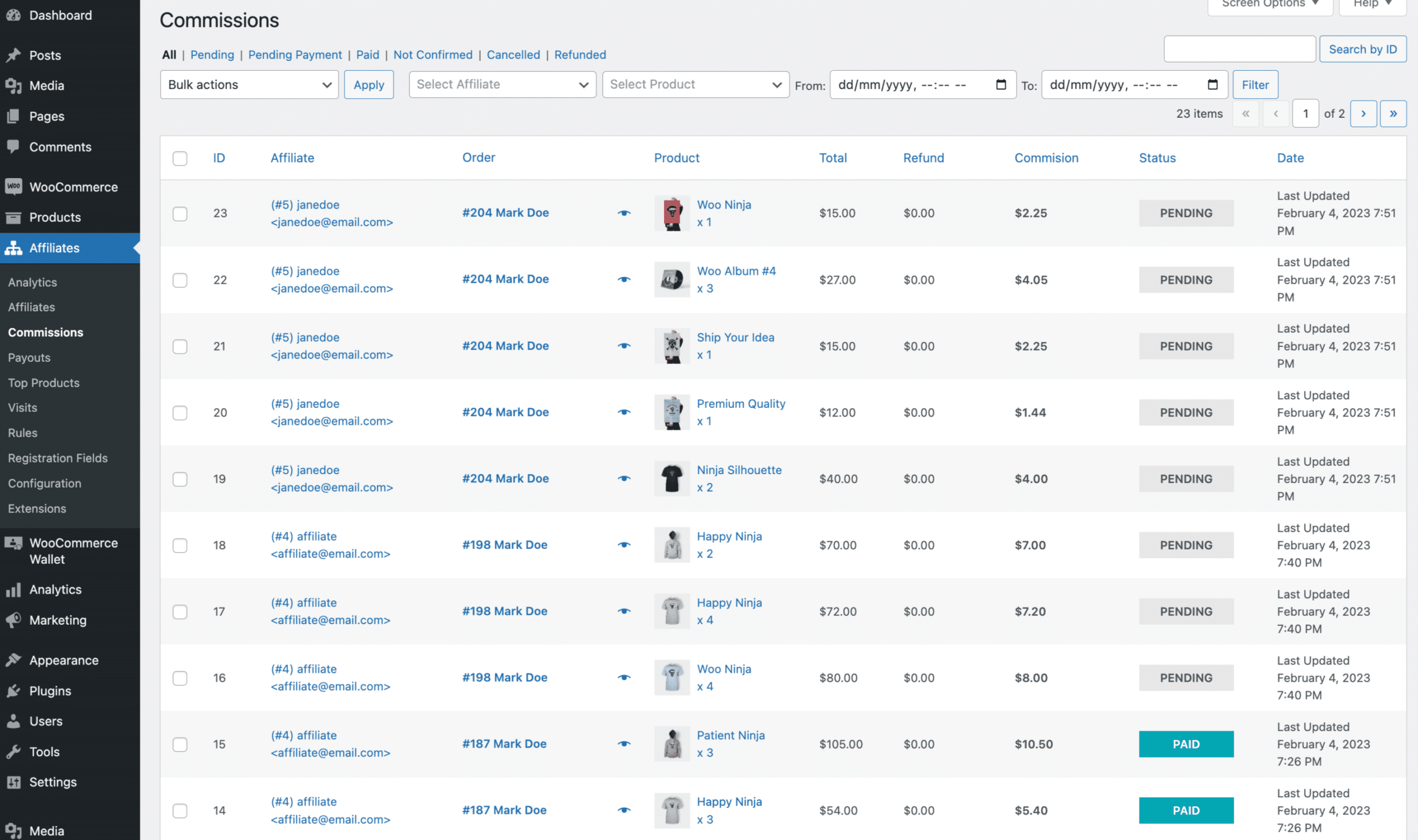 WooCommerce Affiliates Commissions List Page