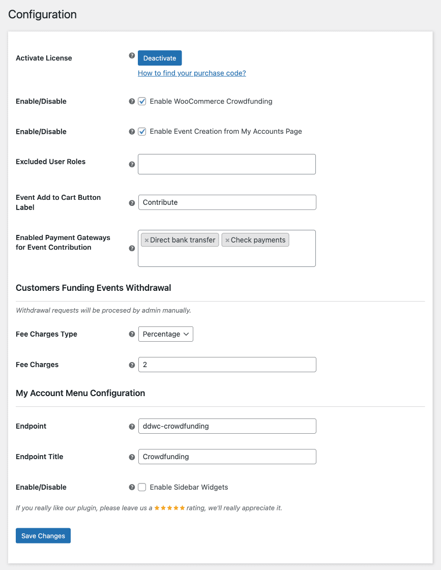 WooCommerce Crowdfunding-Konfigurationsseite