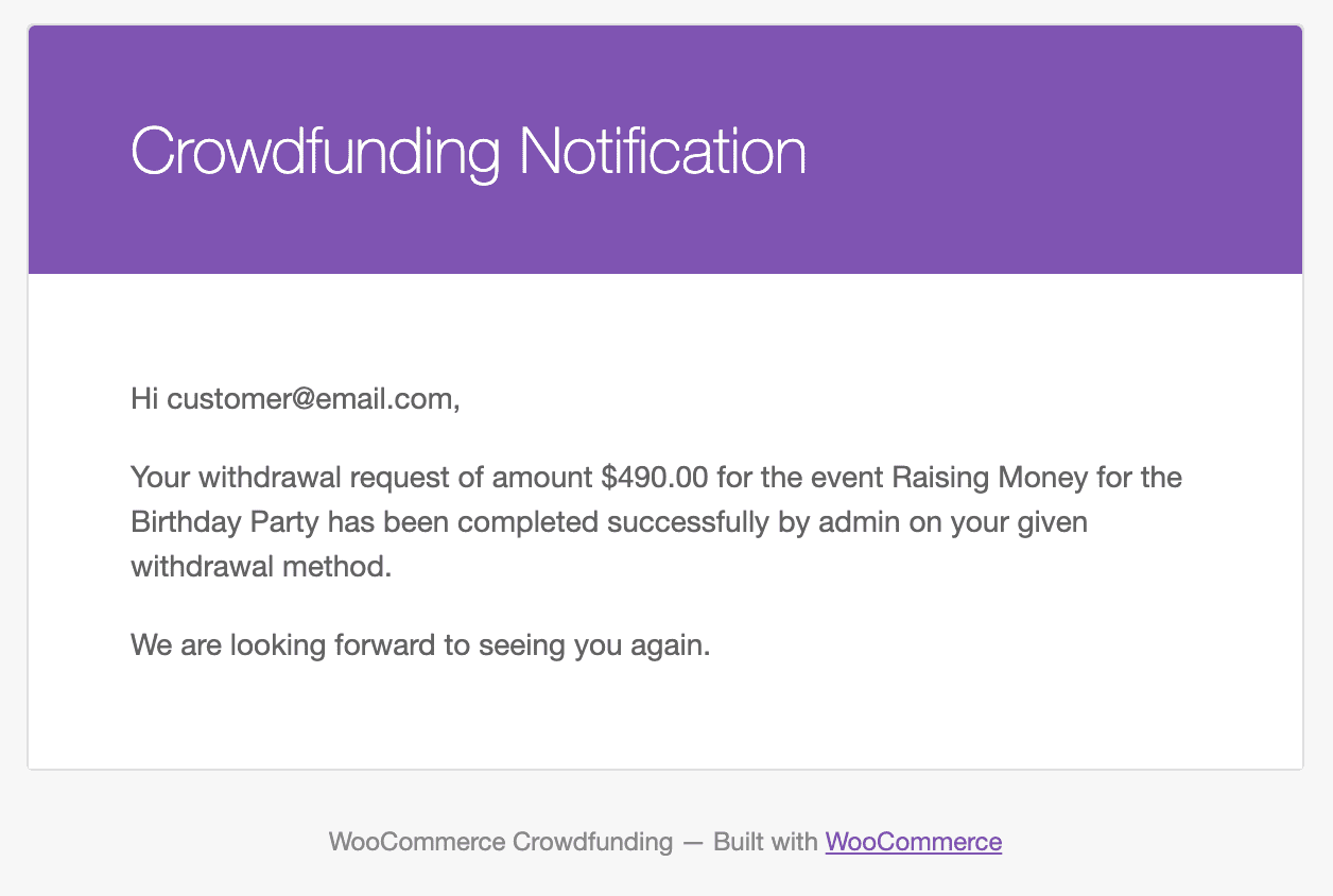 E-Mail zum Abschluss der WooCommerce-Crowdfunding-Auszahlungsanfrage