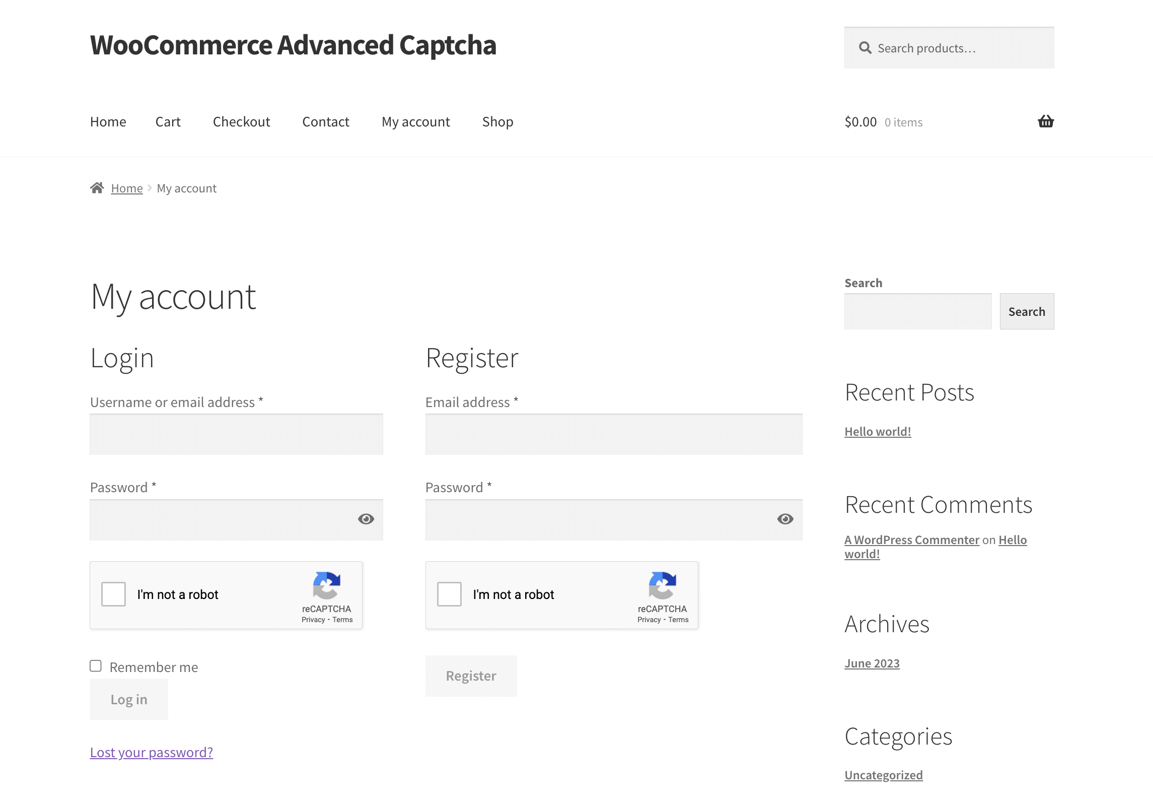 WooCommerce Advanced CAPTCHA plugin my account login and registration form