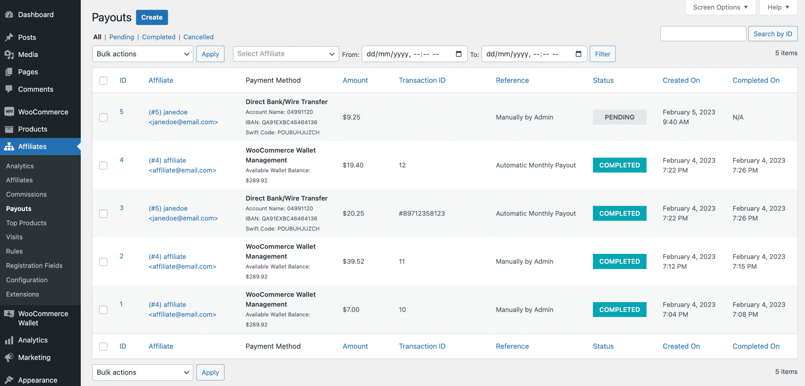 WooCommerce Affiliates Payouts List Page