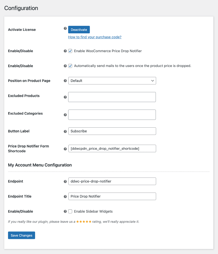 WooCommerce Price Drop Notifier-Konfigurationsseite