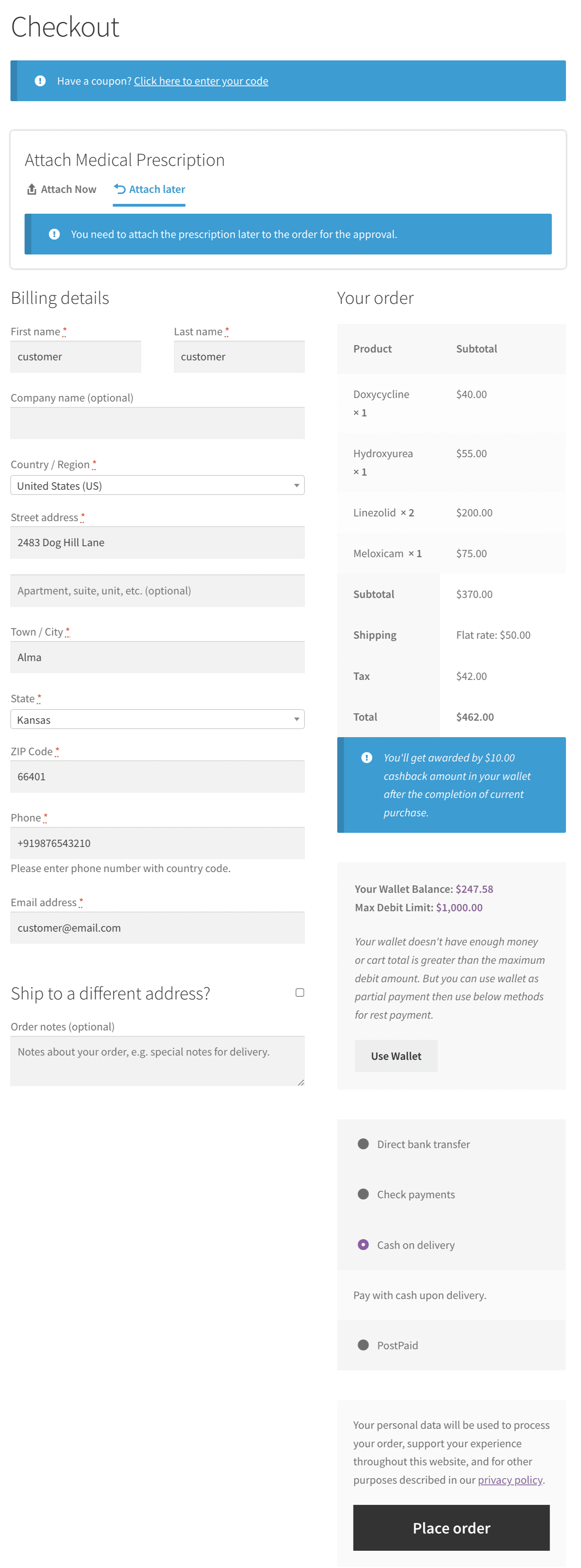 WooCommerce-Anhang für ärztliche Verschreibungen Hängen Sie die ärztlichen Verschreibungen später auf der Checkout-Seite an