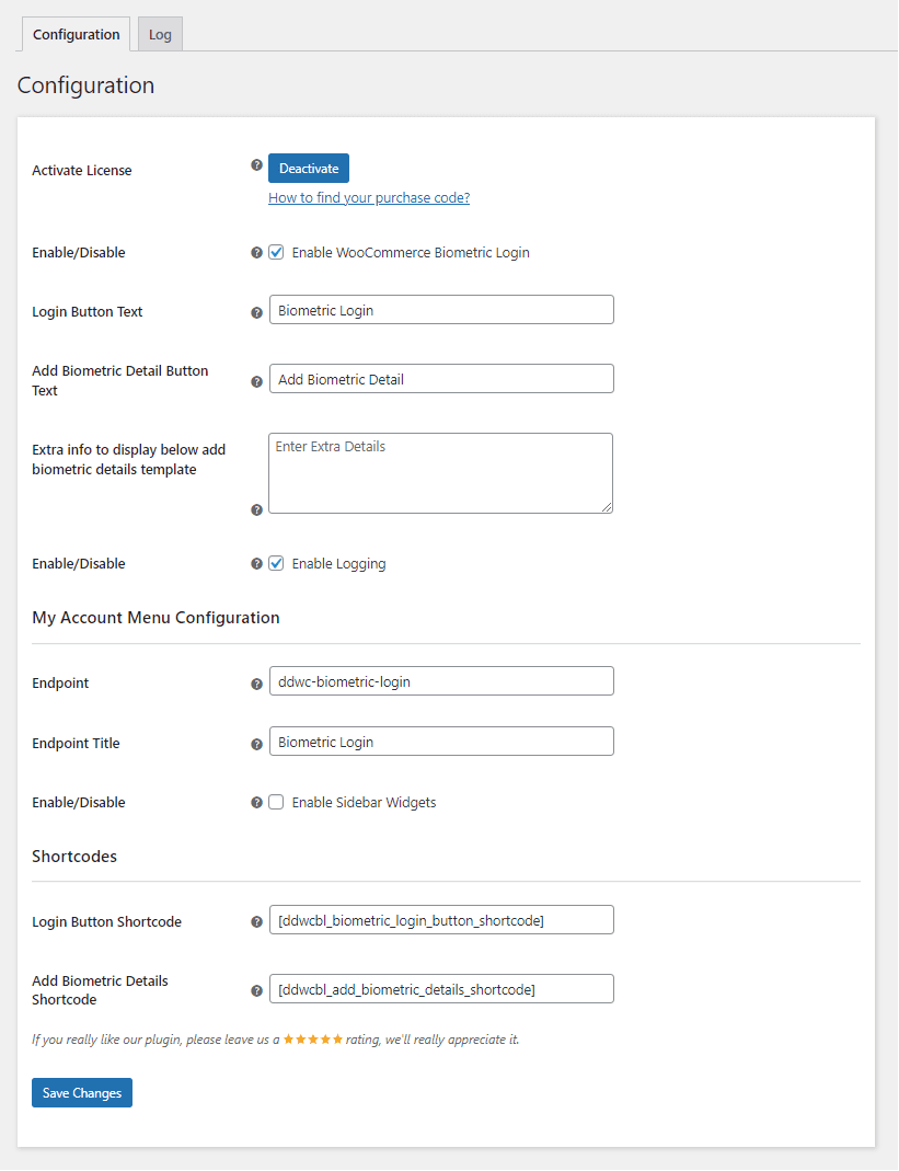 Konfigurationsseite für die biometrische Anmeldung von WooCommerce
