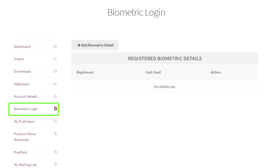 WooCommerce Biometric Login-Seite „Meine Konten“.