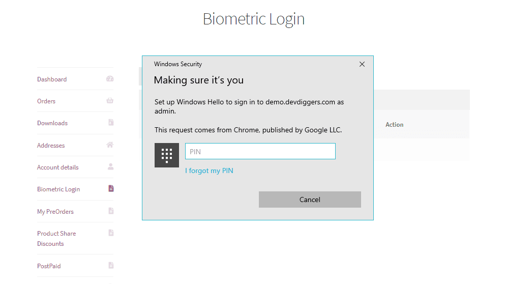 WooCommerce Biometric Login fügt biometrische Details hinzu