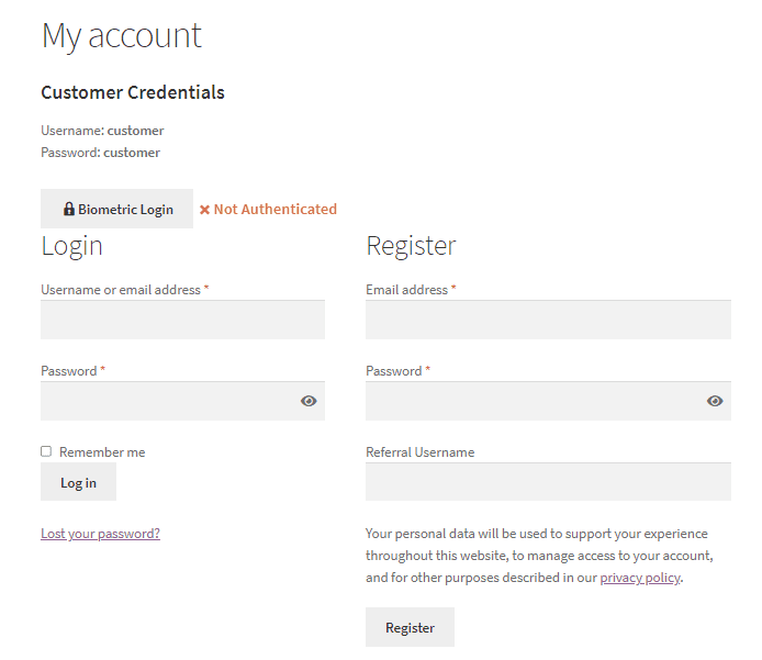WooCommerce Biometrische Anmeldung nicht authentifiziert