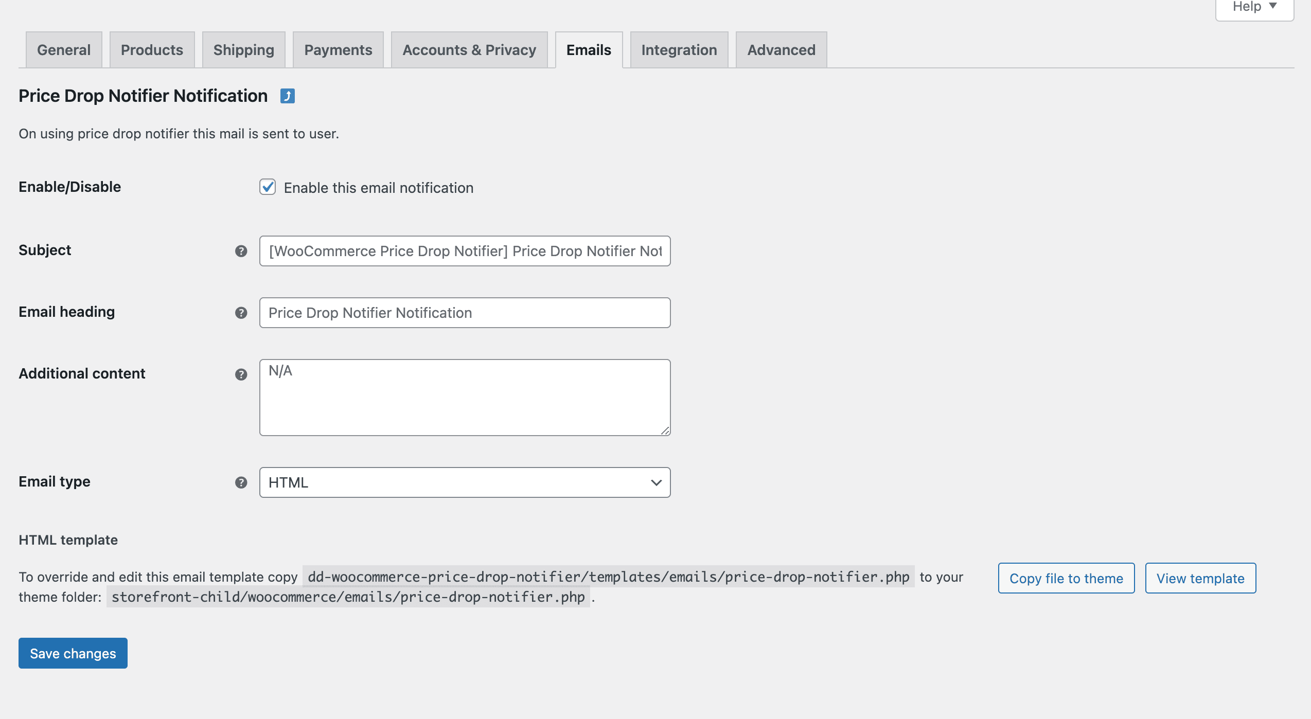 E-Mail-Vorlage für WooCommerce Price Drop Notifier