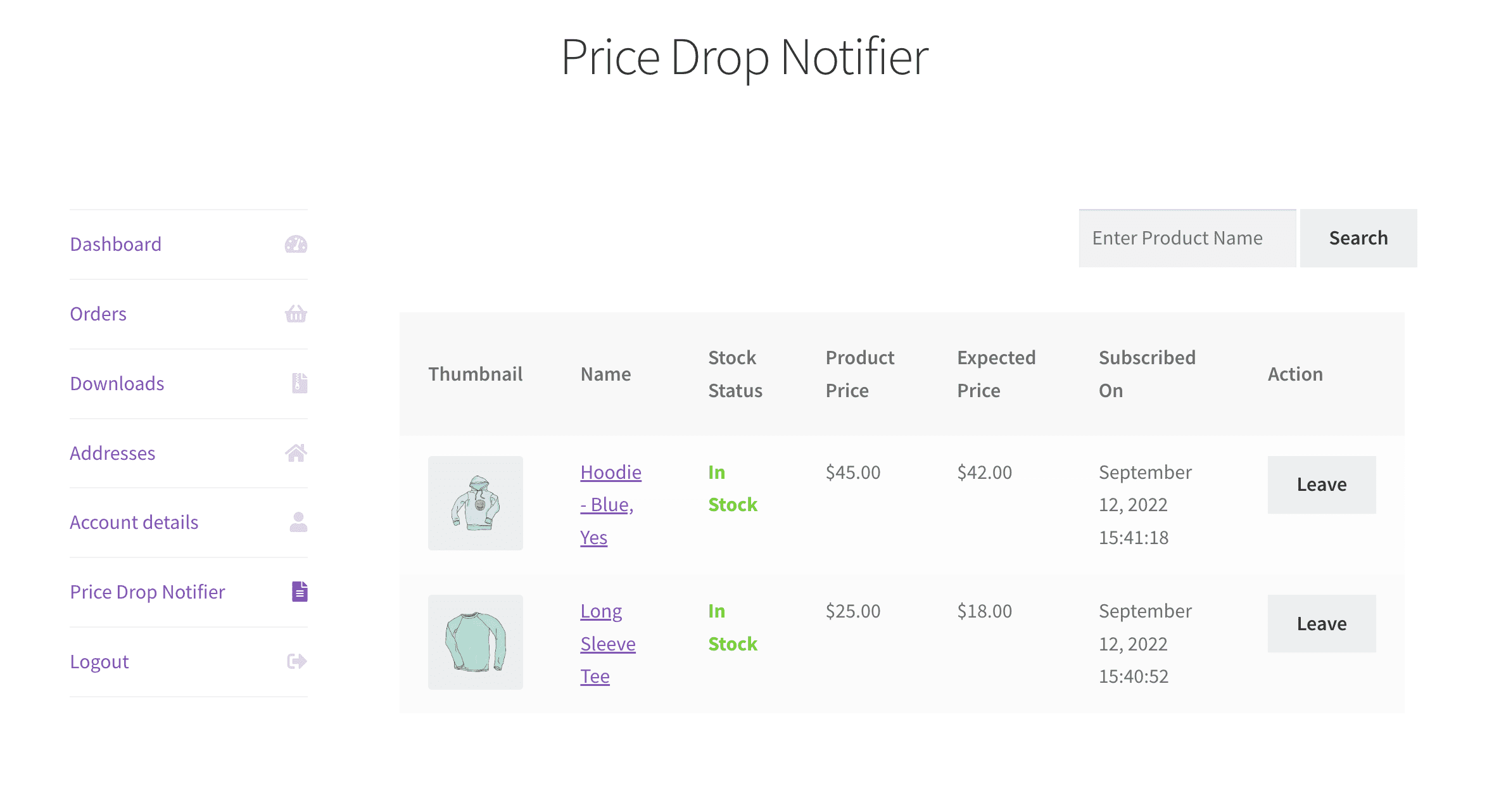 WooCommerce Price Drop Notifier – Meine Kontoseite