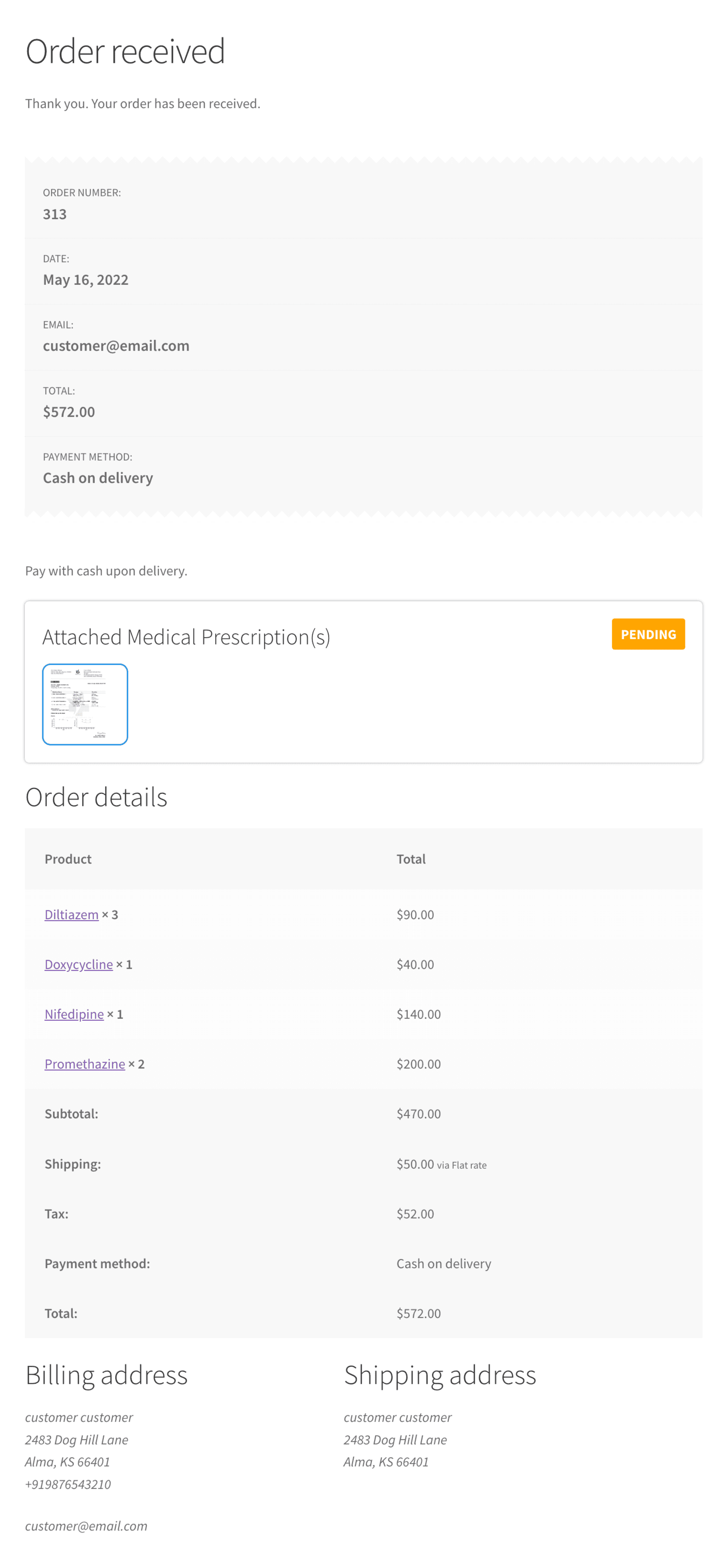 WooCommerce-Seite „Anhang für ärztliche Verschreibung erhalten“.