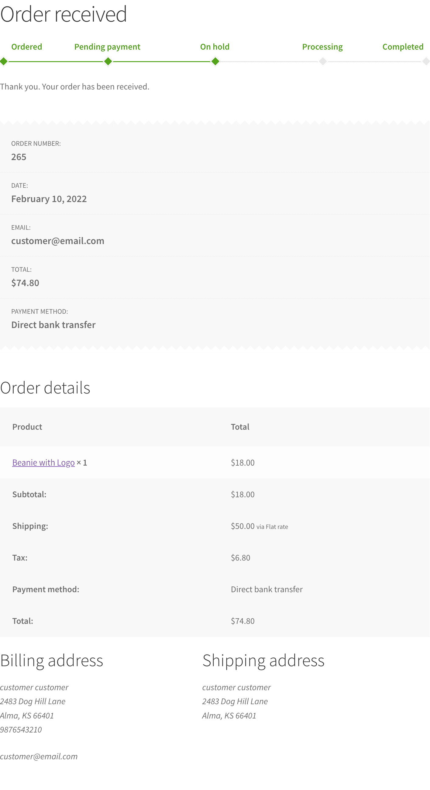 WooCommerce-Bestellfortschrittsanzeige, Seite „Bestelleingang“.