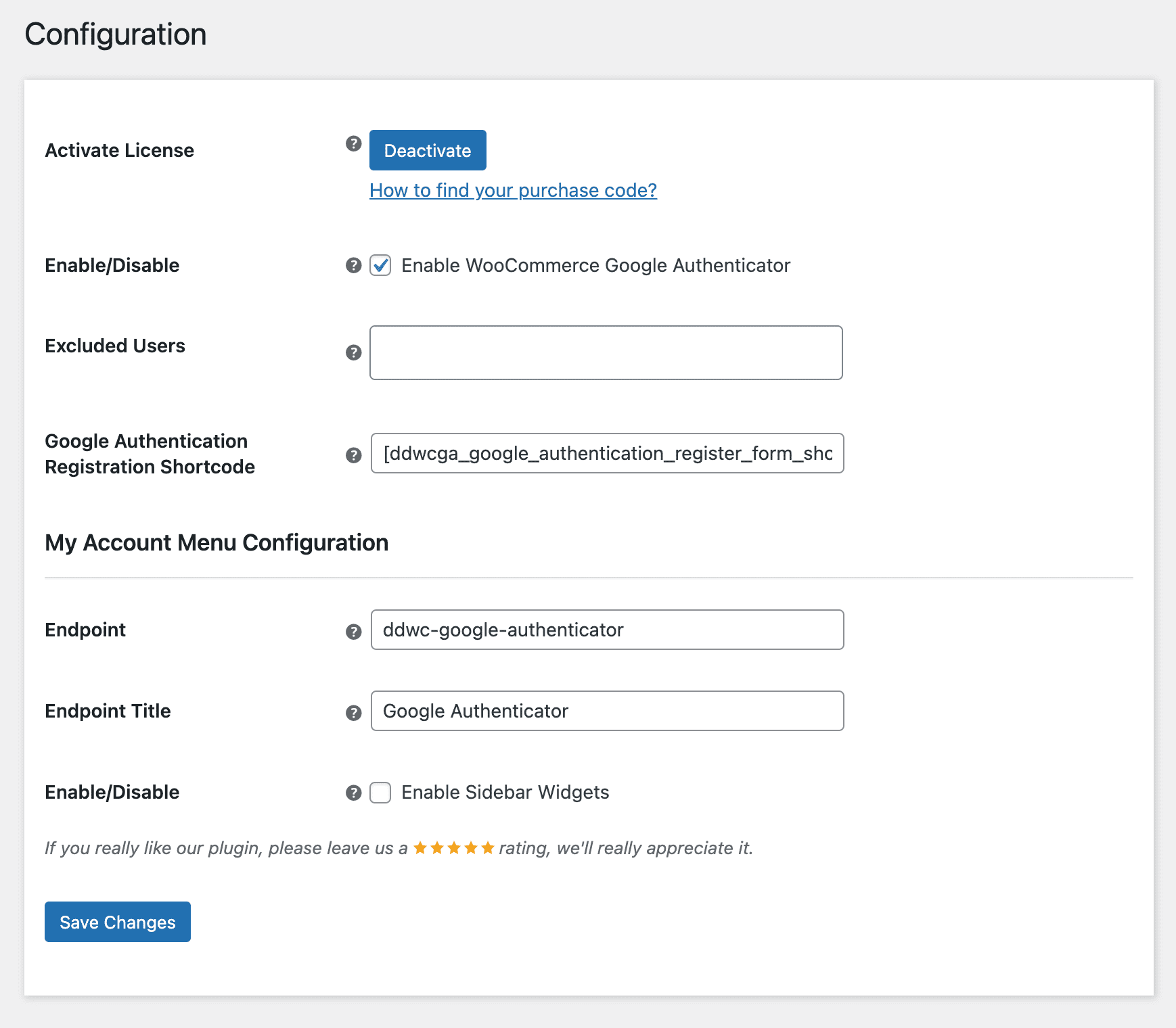 Allgemeine Konfigurationsseite von WooCommerce Google Authenticator