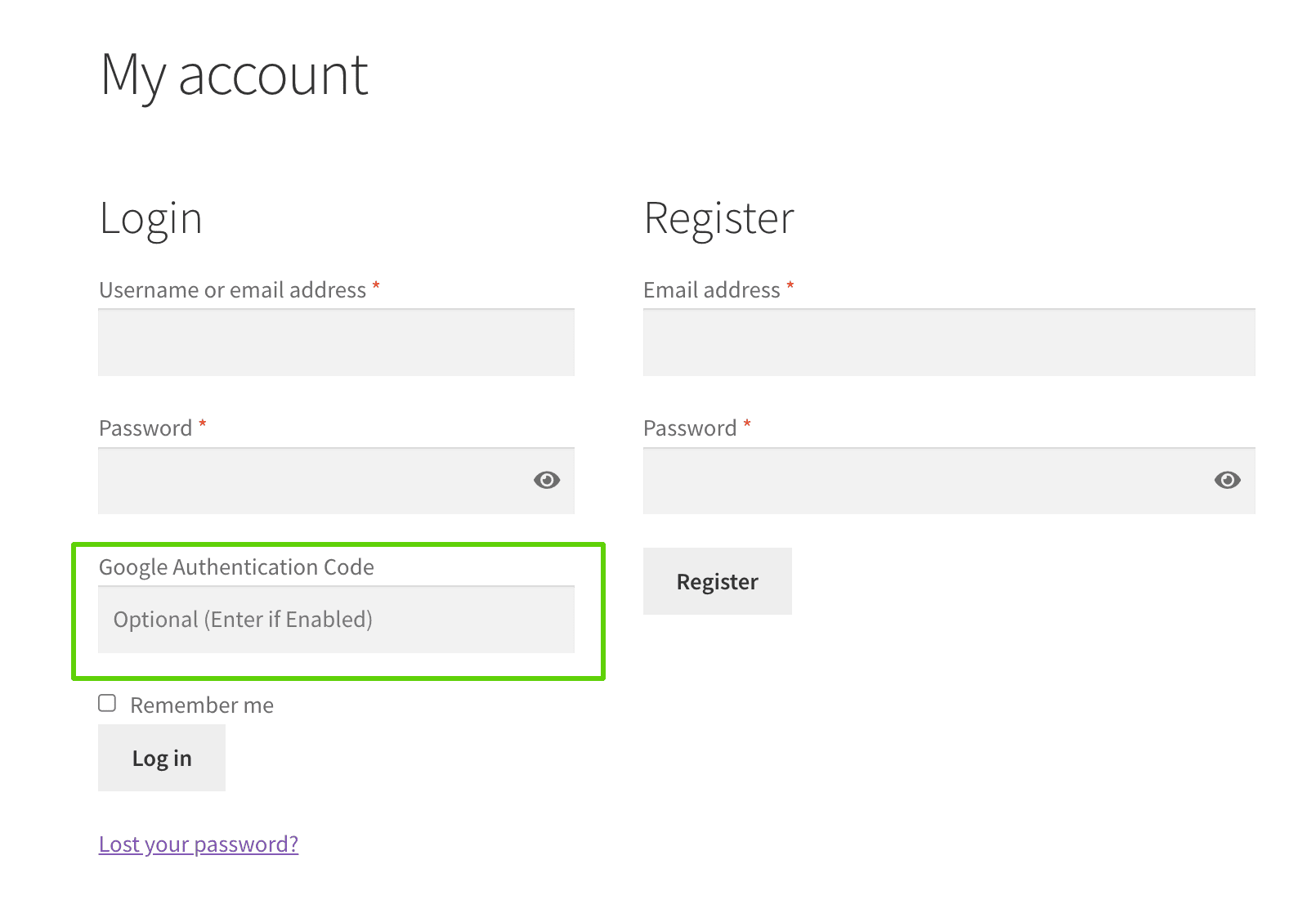 WooCommerce Google Authenticator-Anmeldeformular