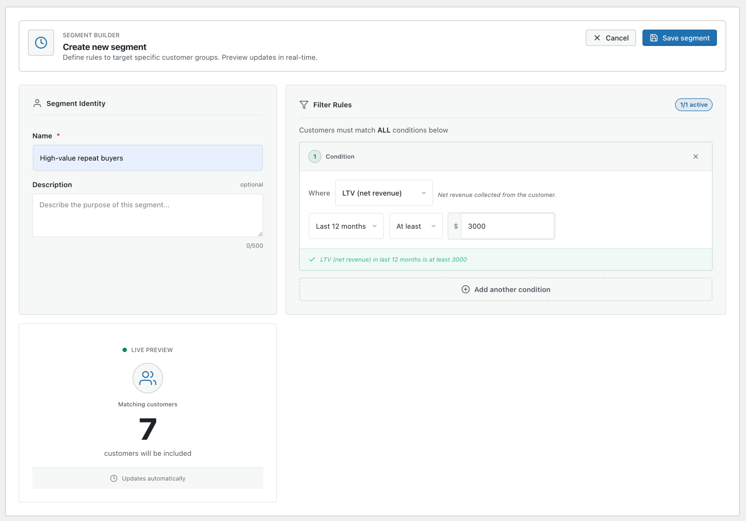 Benutzerdefinierter Segment-Builder mit UND-Logik und Vorschauzählungen