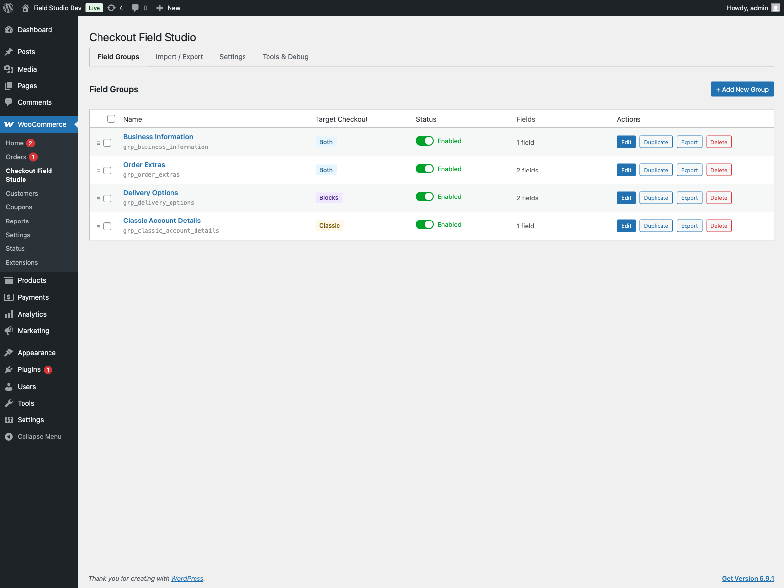 Übersicht über Feldgruppen in WooCommerce