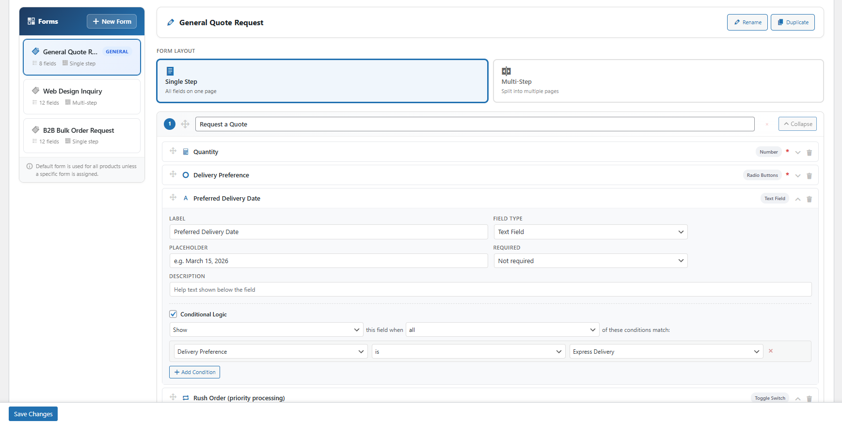 Feldeinstellungen und bedingte Logik