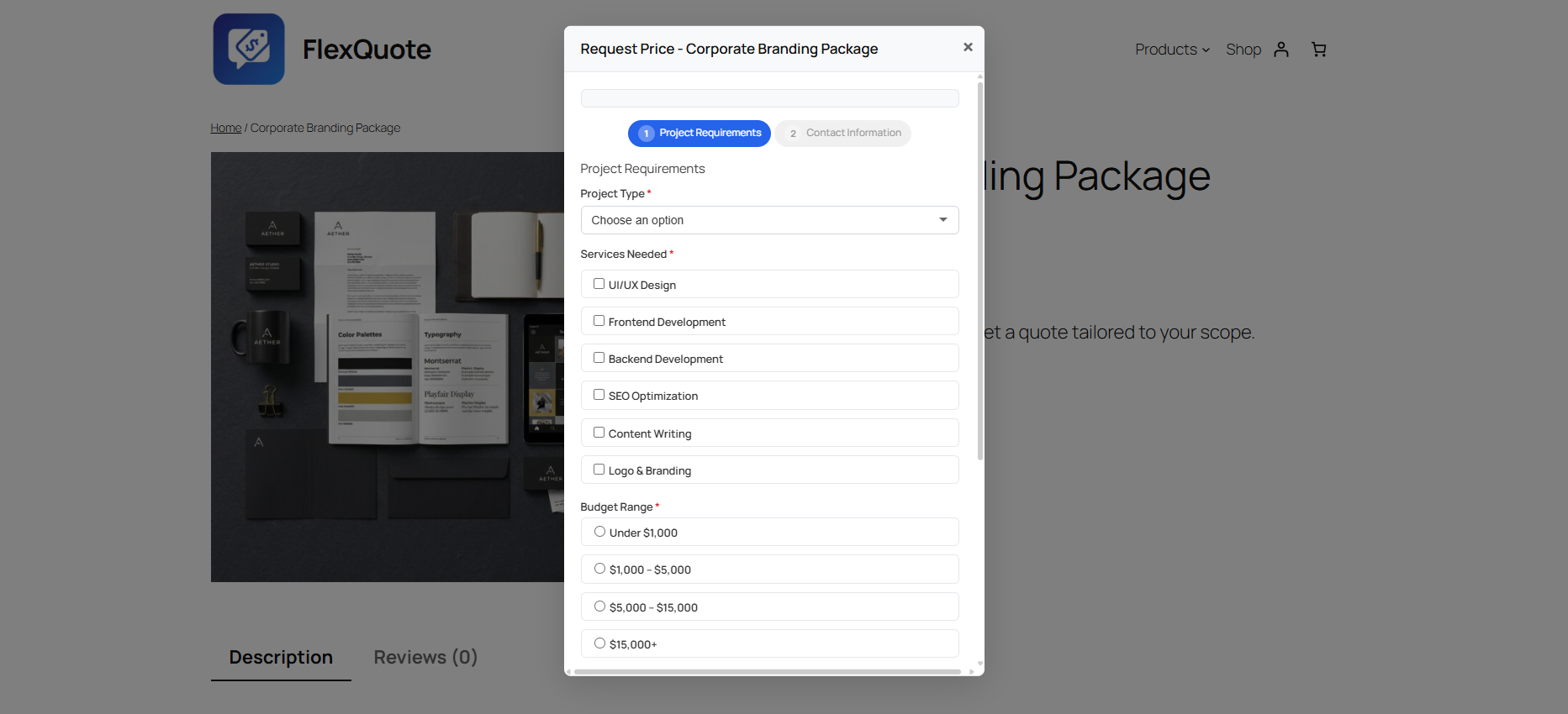 Modales Popup „Preis anfordern“.