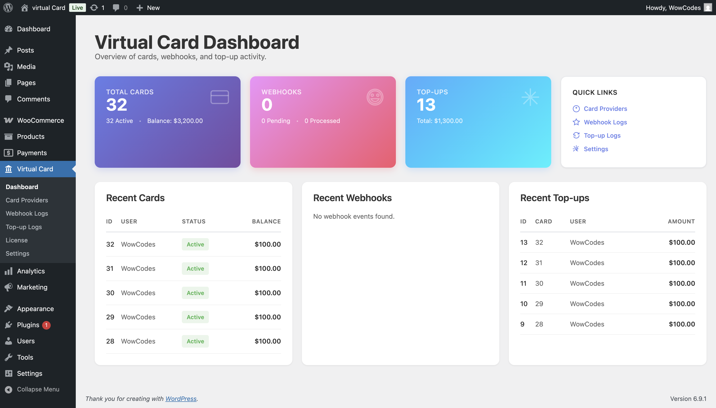 WooCommerce Virtual Card Admin-Dashboard