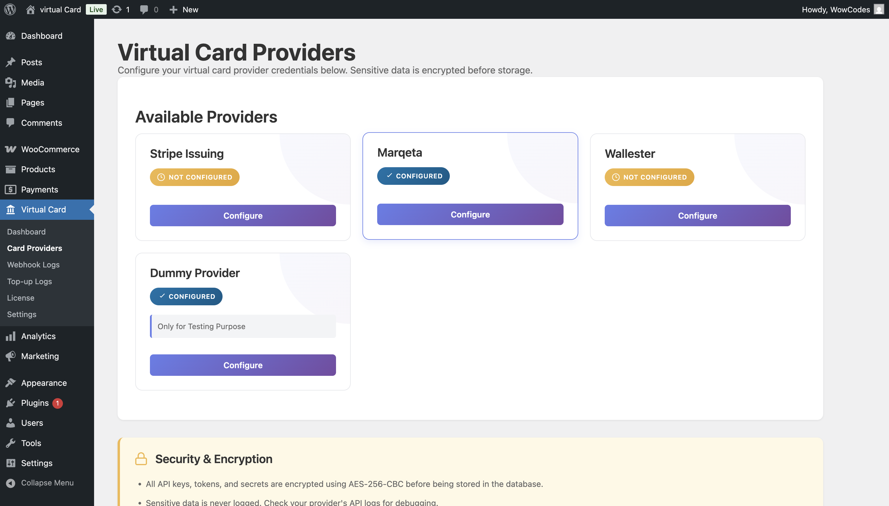 Konfiguration des virtuellen Kartenanbieters WooCommerce