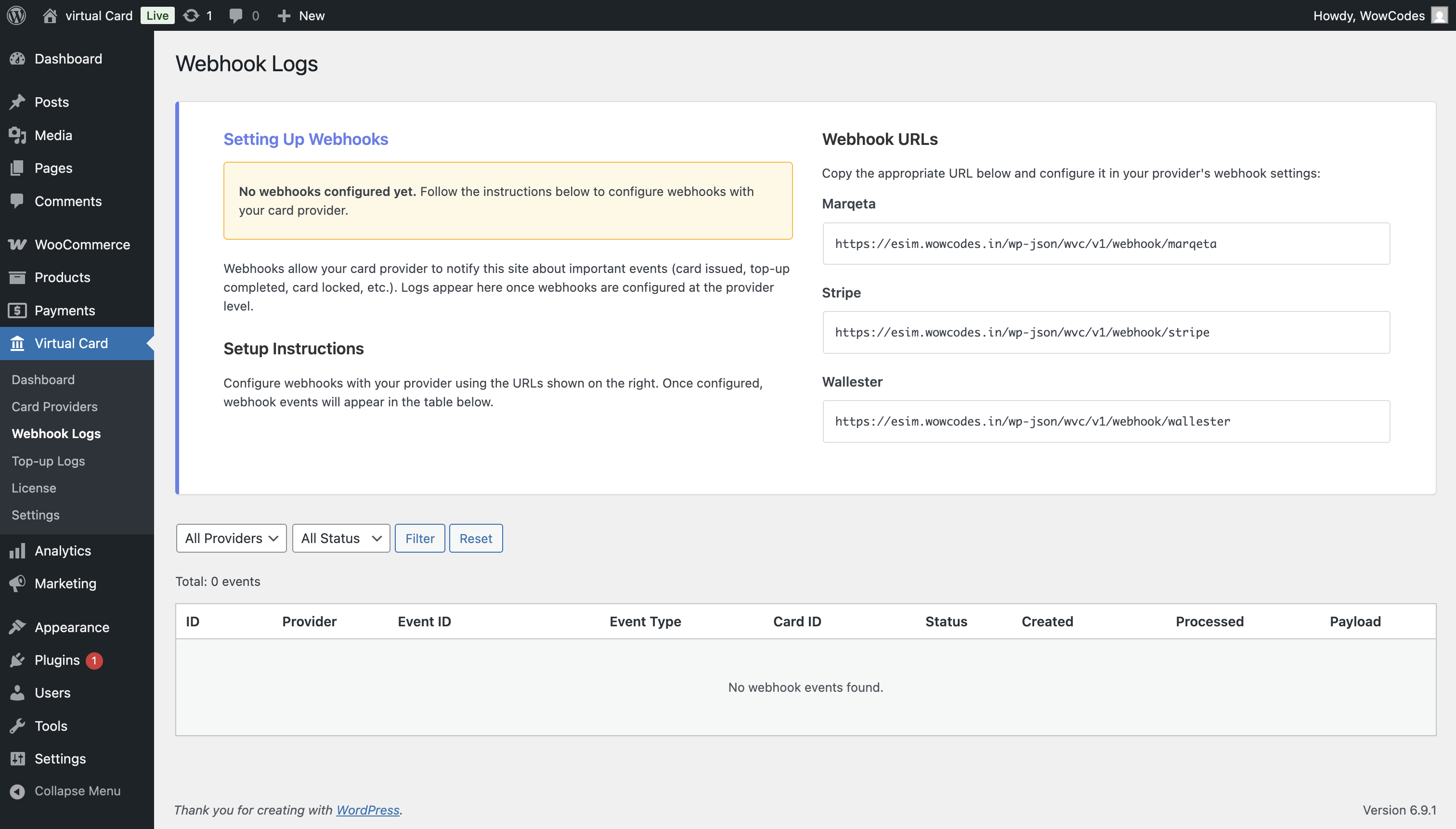 Virtuelle Karten-Webhook-Protokolle WooCommerce