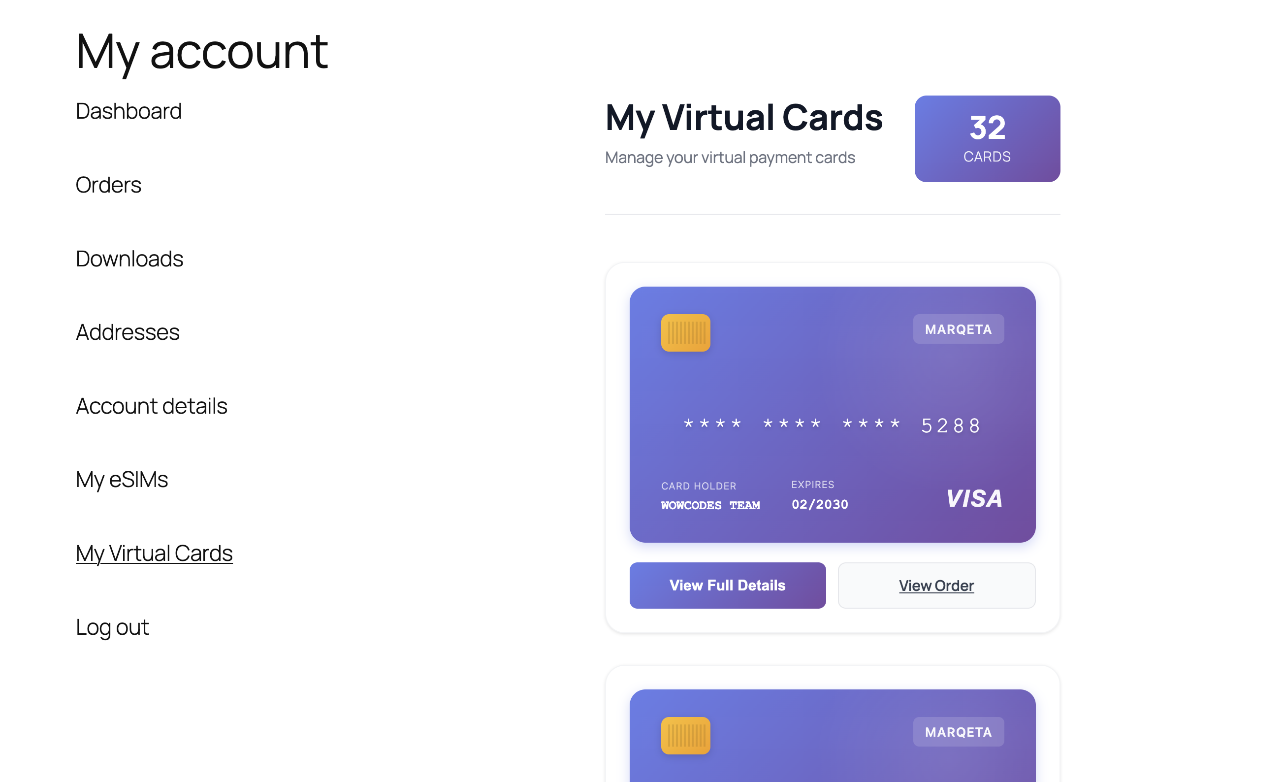 Dashboard für virtuelle Benutzerkarten WooCommerce