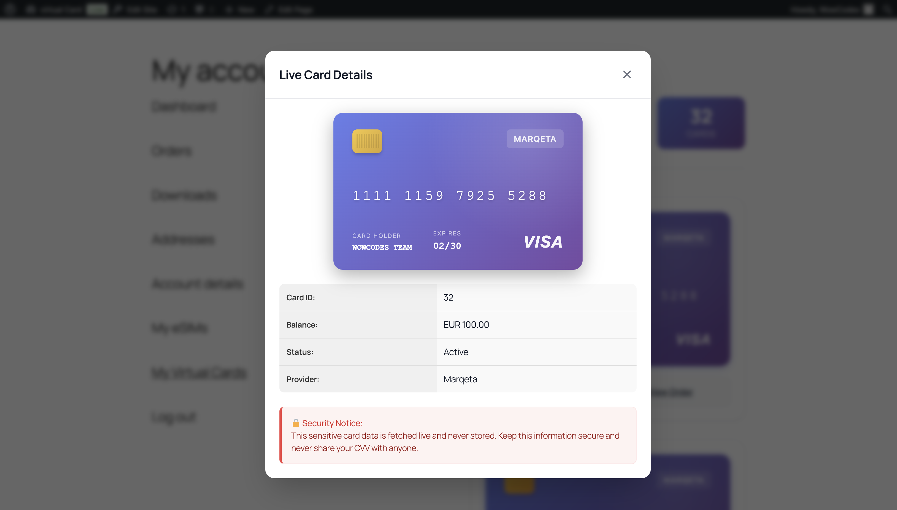 Live-Virtual-Card-Details WooCommerce