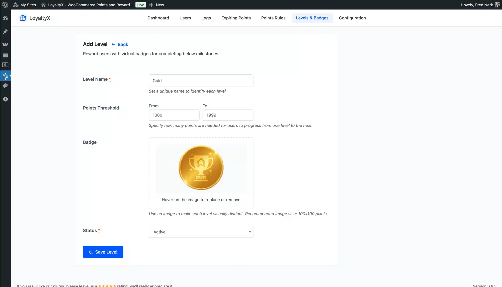 LoyaltyX Add Level Screenshot – WooCommerce Points and Rewards Plugin