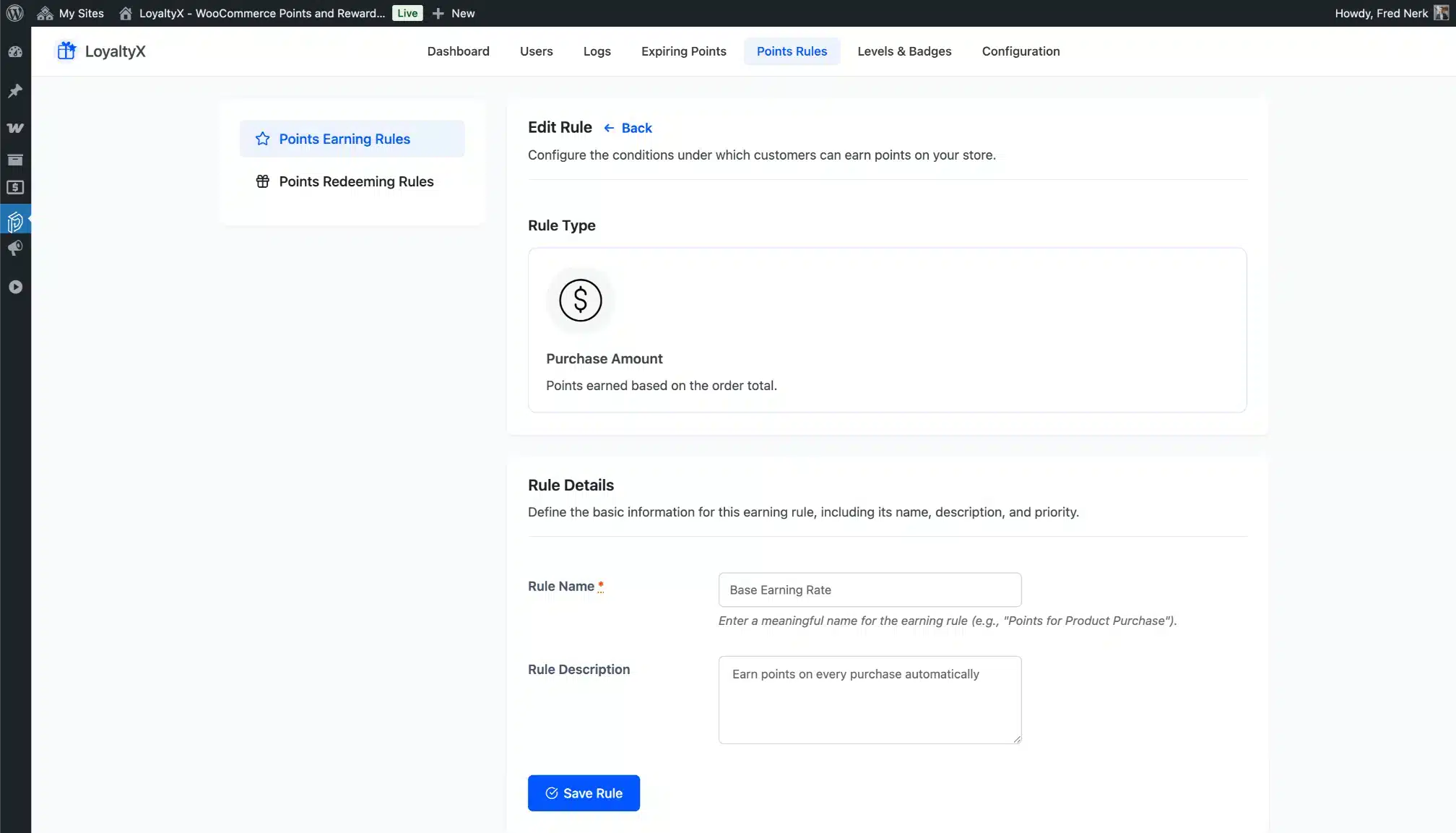 LoyaltyX Add Earning Rule Screenshot – WooCommerce Points Plugin