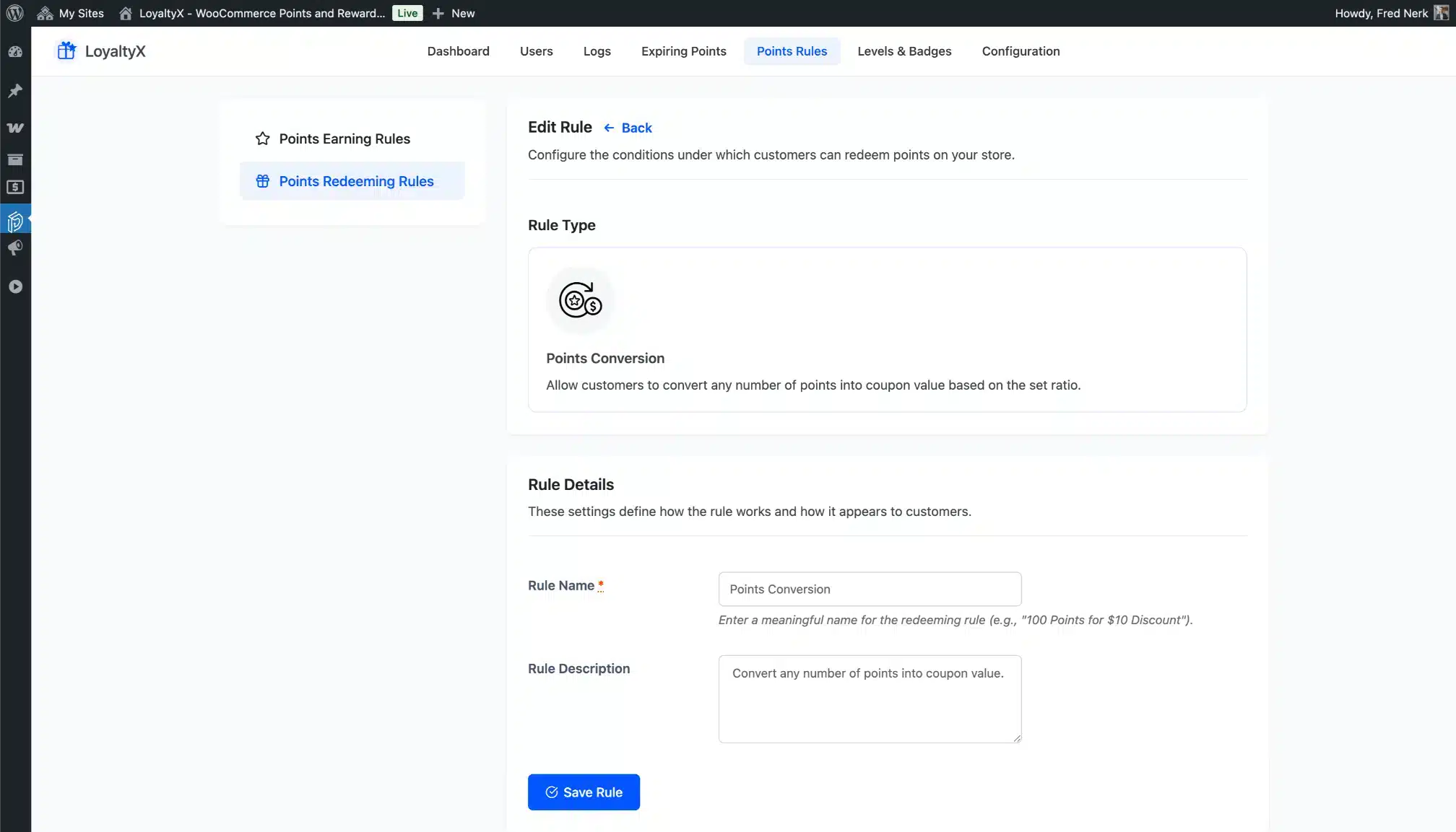 LoyaltyX Add Redeeming Rule Screenshot – WooCommerce Points and Rewards