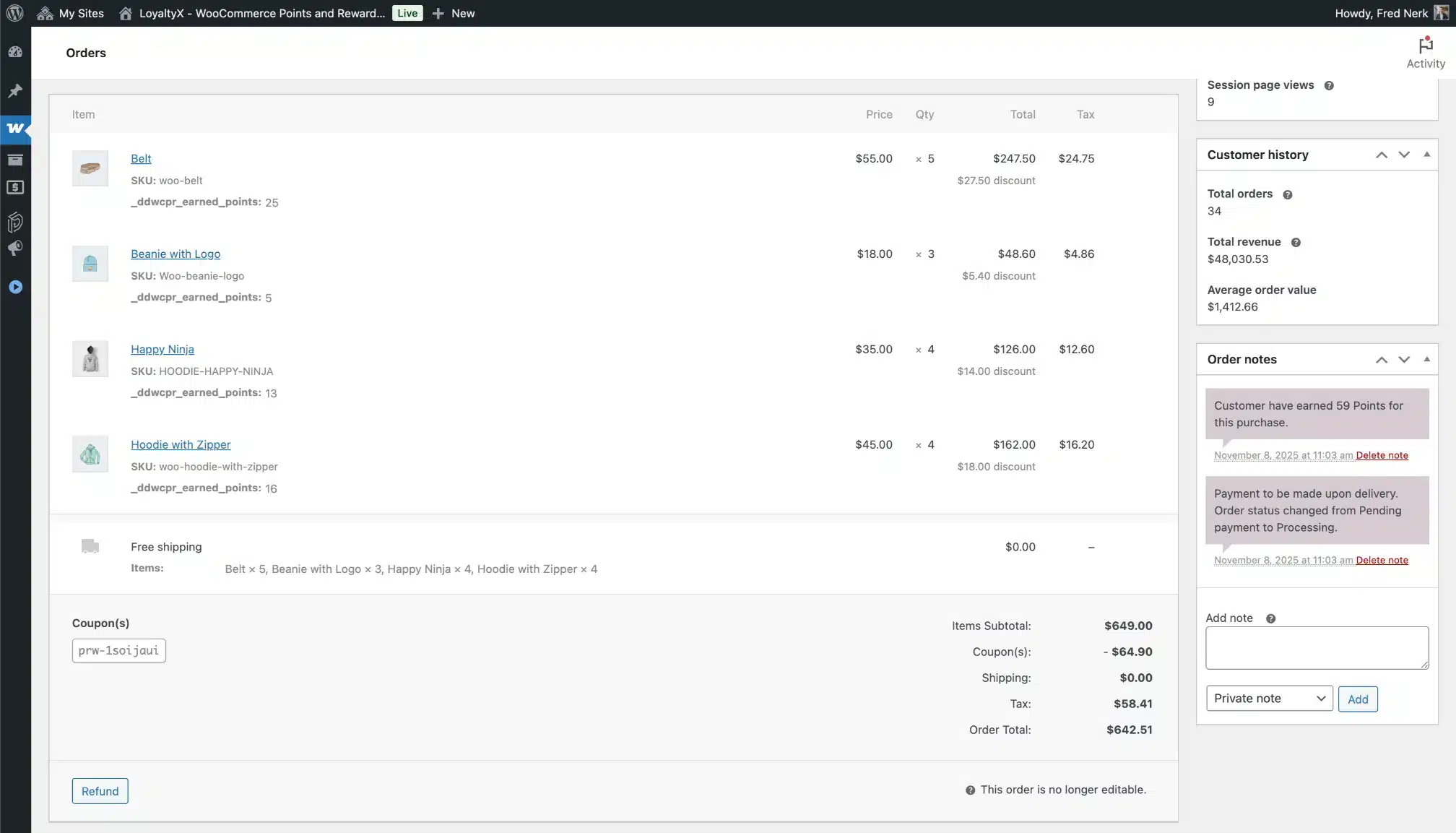 LoyaltyX Admin Edit Order Screenshot – WooCommerce Points Plugin