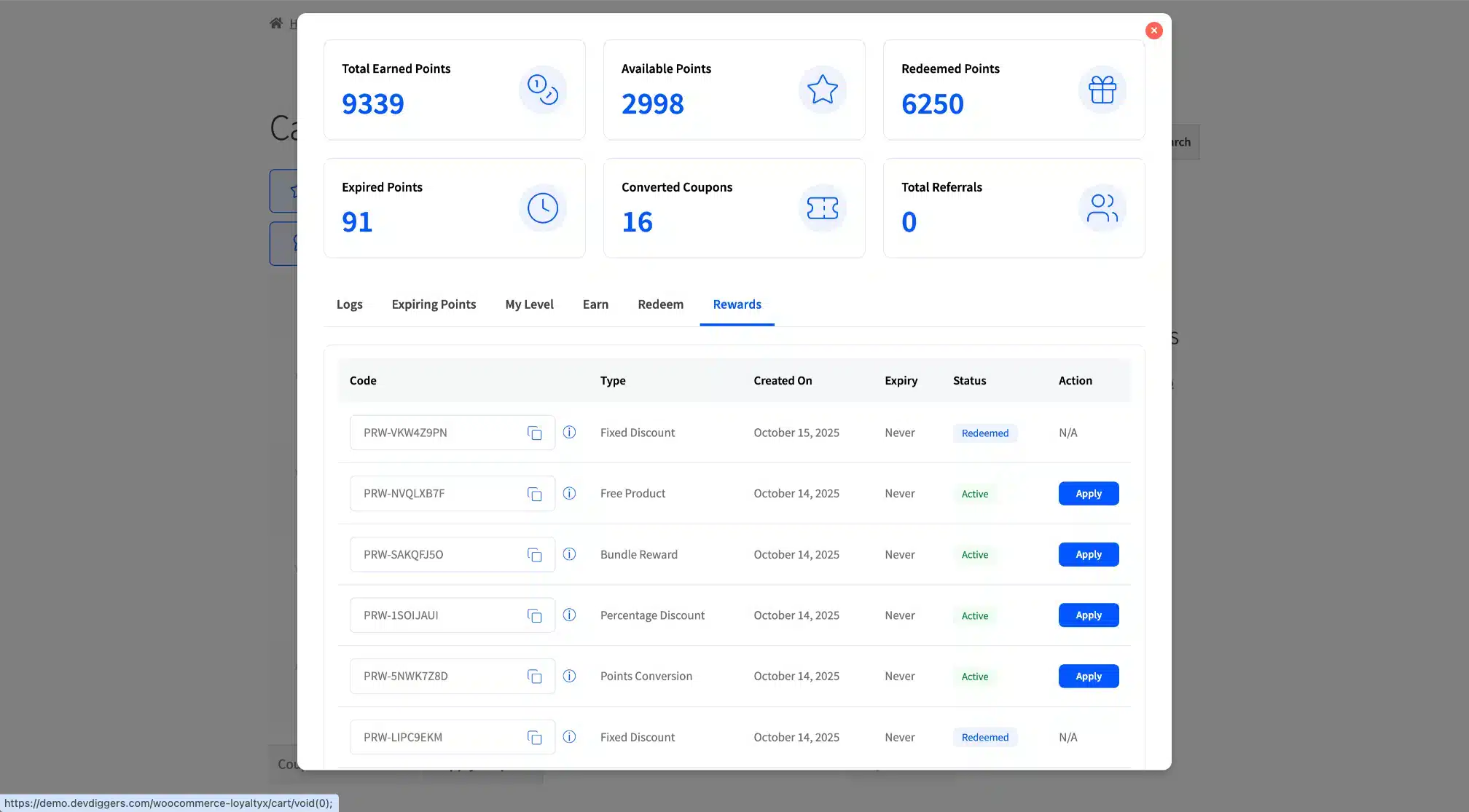 LoyaltyX Cart Page Reward Popup Screenshot – WooCommerce Points Plugin