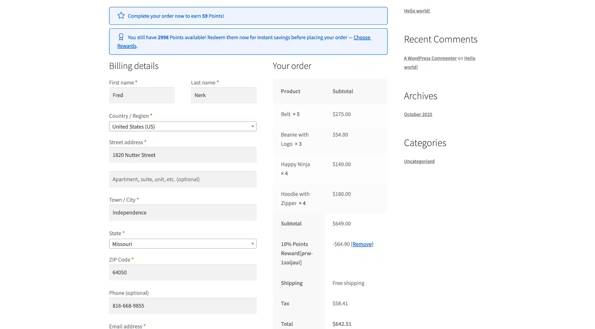 LoyaltyX Checkout Page Points Message Screenshot – WooCommerce Rewards Plugin