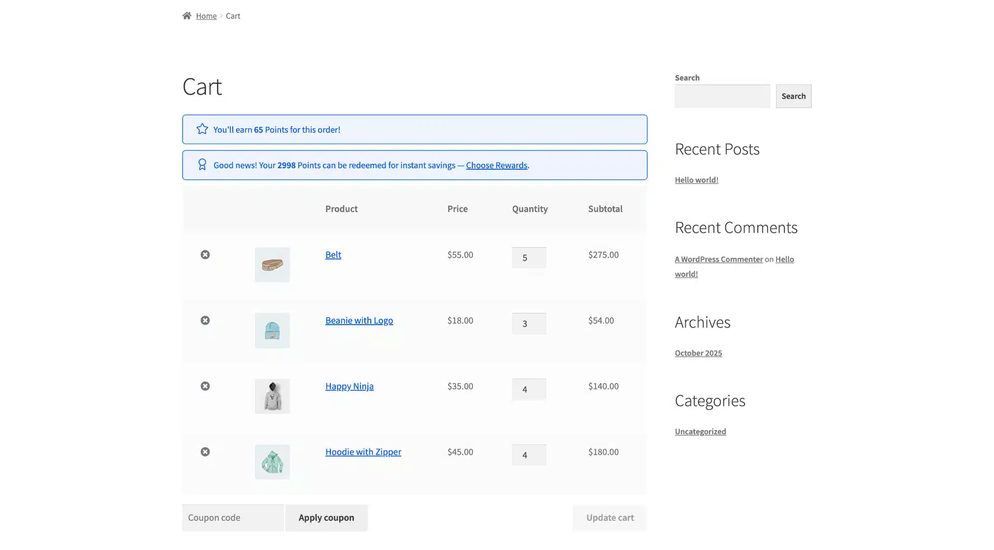 LoyaltyX Cart Page Points Message Screenshot – WooCommerce Loyalty Plugin