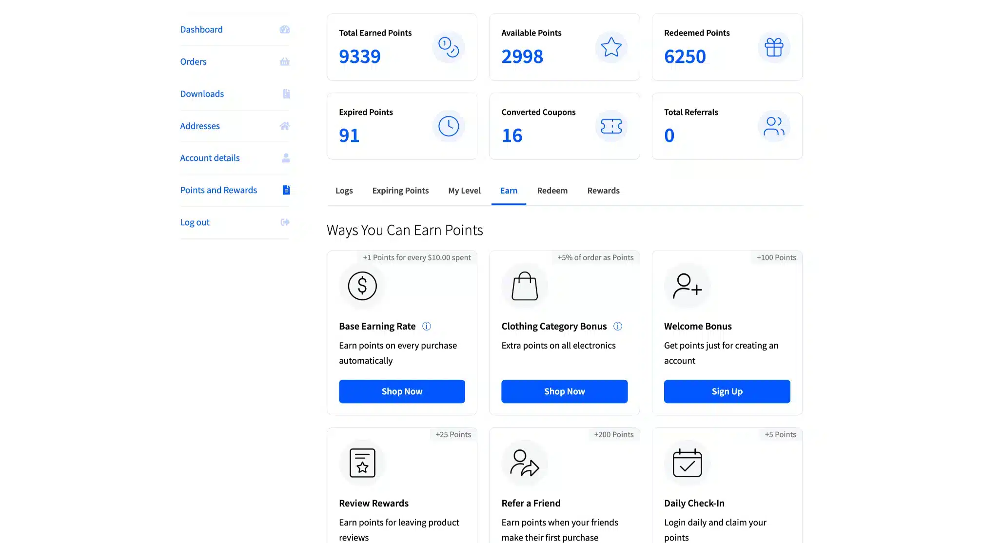 LoyaltyX Customer Earn Points Dashboard Screenshot – WooCommerce Points Plugin