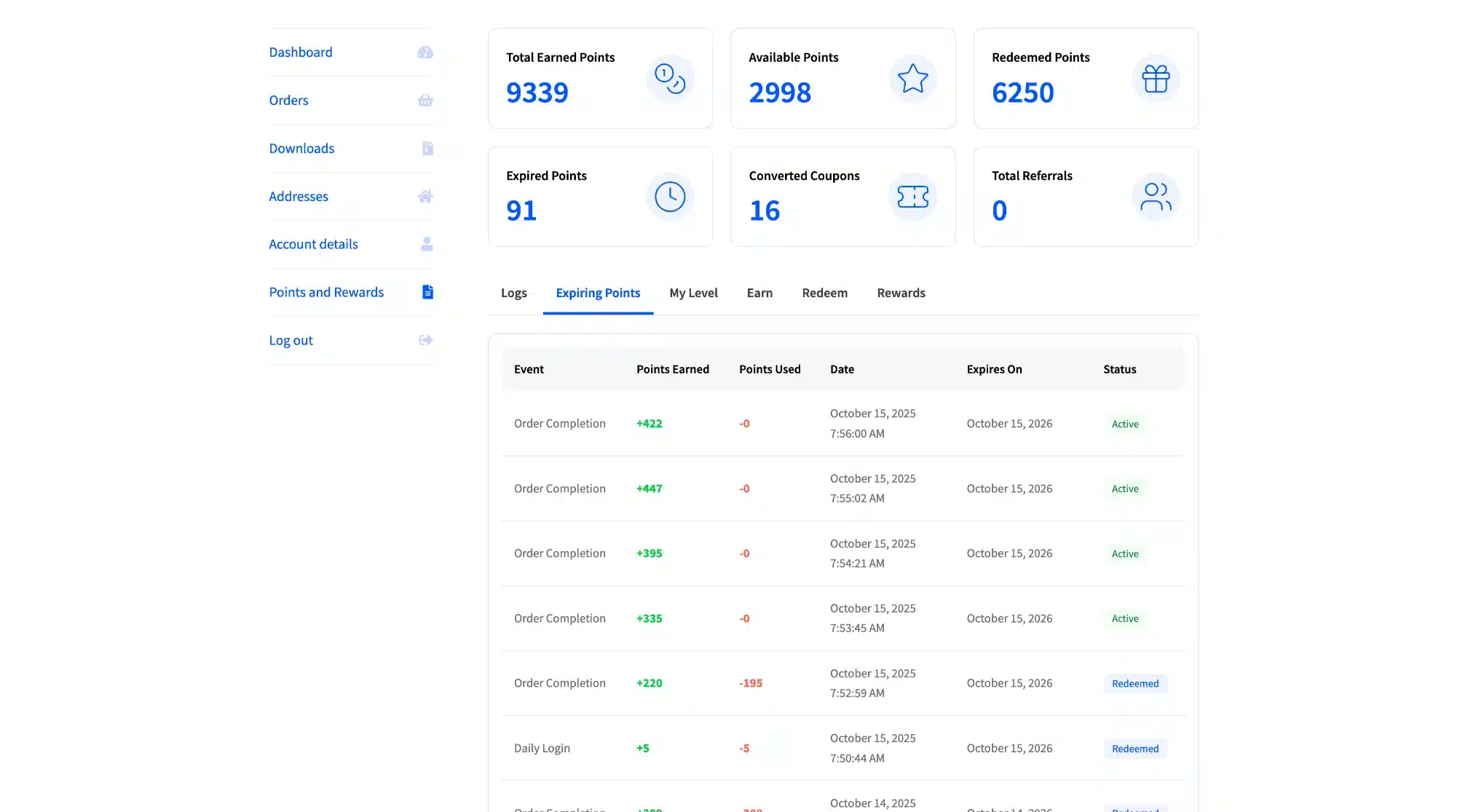 LoyaltyX Customer Dashboard Expiring Points Screenshot – WooCommerce Loyalty Plugin