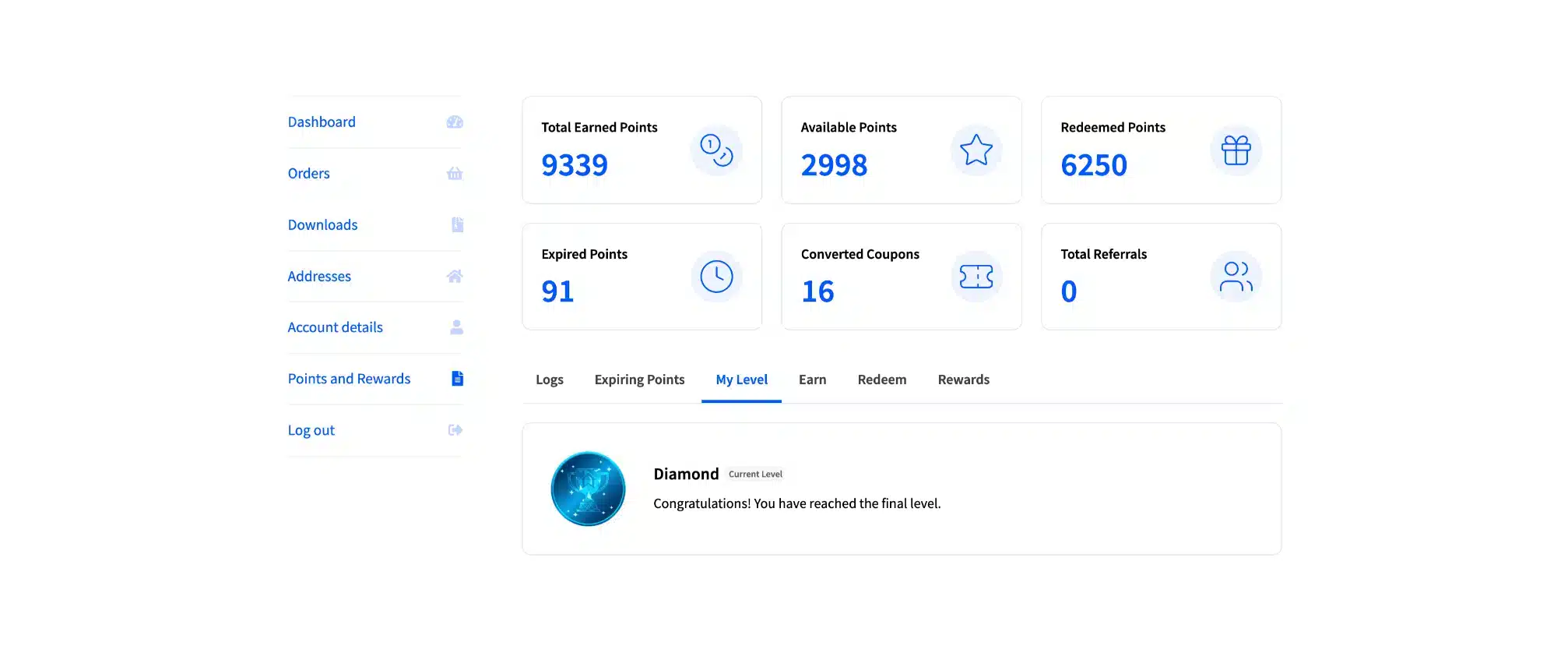 LoyaltyX Customer Level Dashboard Screenshot – WooCommerce Gamification Plugin