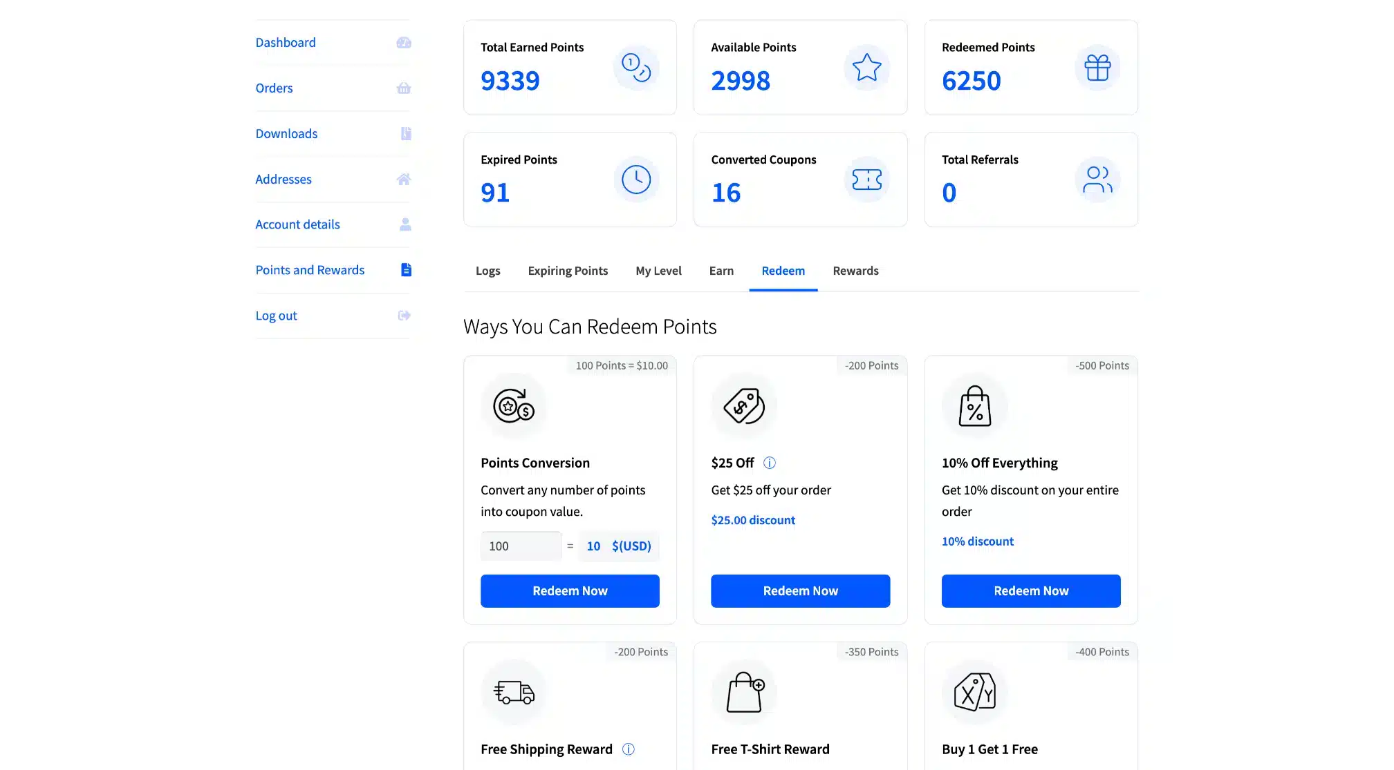 LoyaltyX Customer Redeem Points Dashboard Screenshot – WooCommerce Rewards Plugin