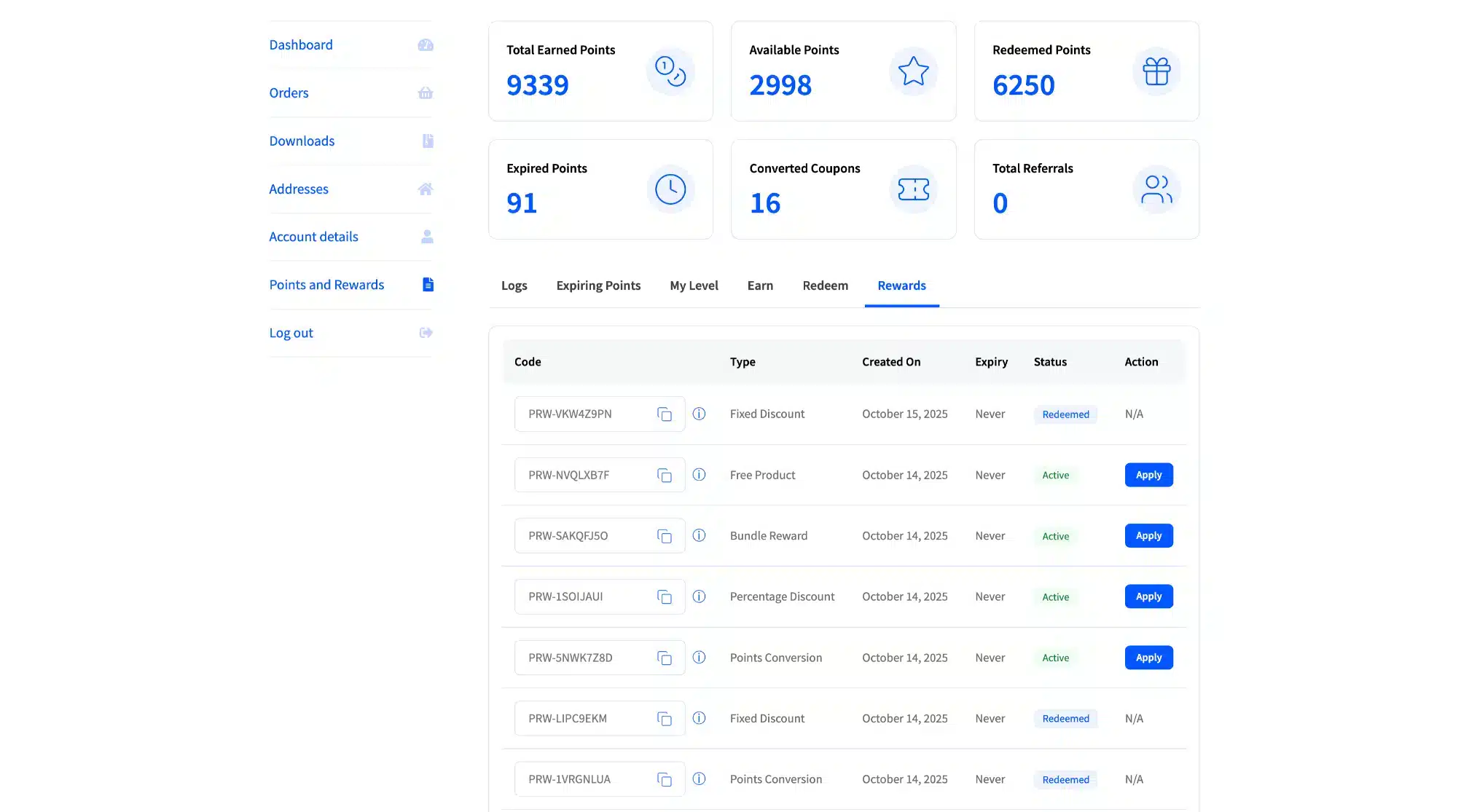 LoyaltyX Customer Rewards Dashboard Screenshot – WooCommerce Loyalty Plugin